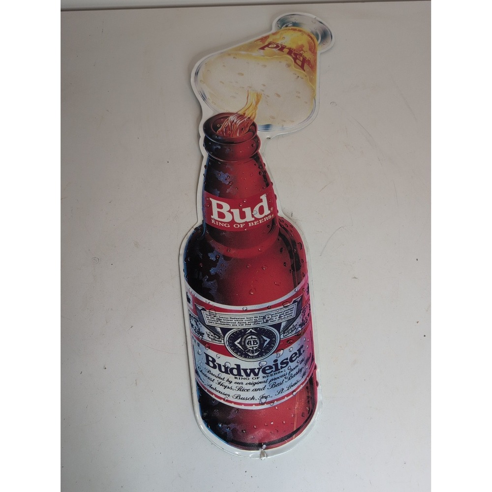 34" Vintage Bud Budweiser Beer Sign Pouring into Mug Metal Tin Sign